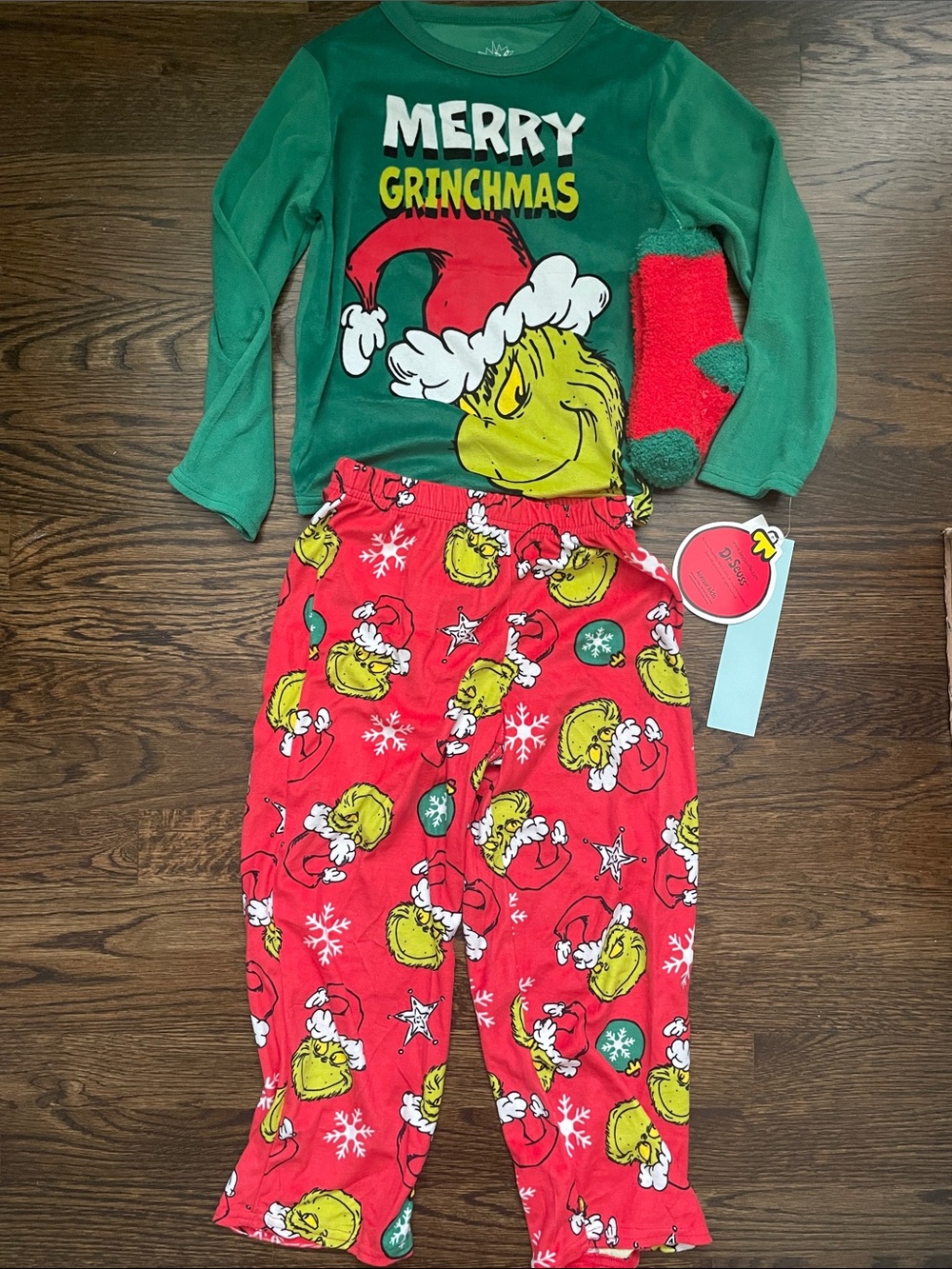 Merry Grinchmas Kids Pajama Set - Soft Green Top Red Pants & Fuzzy Socks